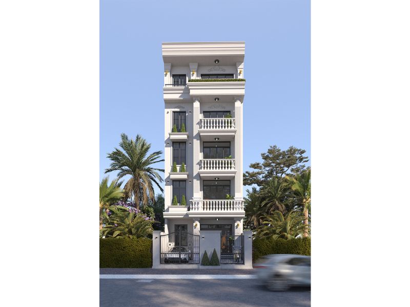 Kiến trúc nhà 4 tầng 1 tum mái bằng tân cổ điển