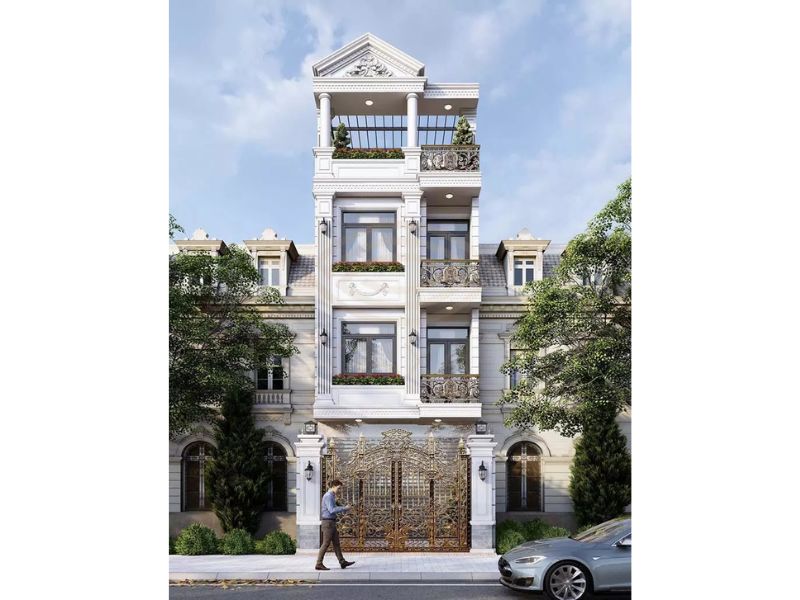 Kiến trúc nhà 4 tầng tân cổ gam màu trắng