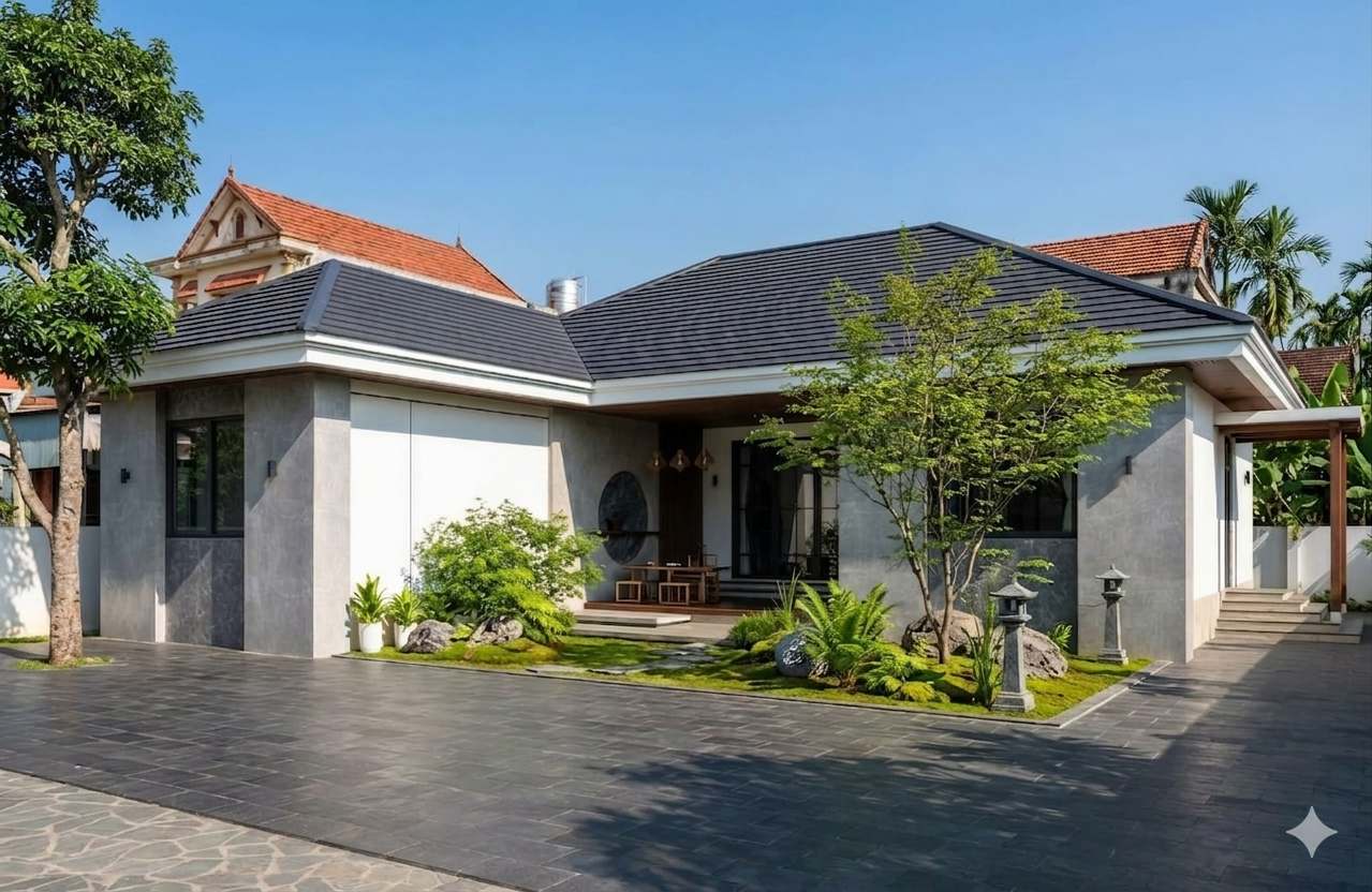 Thiết kế nhà cấp 4 chữ L nông thôn mái nhật hiện đại