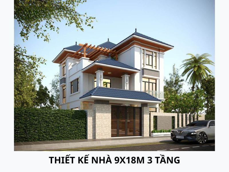 Nhà chữ L 3 tầng mái Nhật màu xanh