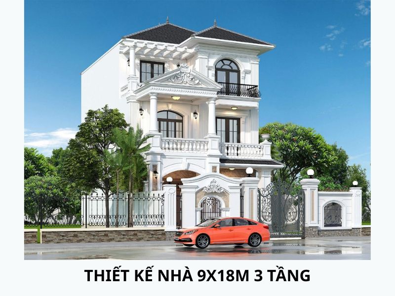 Kiến trúc biệt thự 3 tầng tân cổ mái nhật xanh than