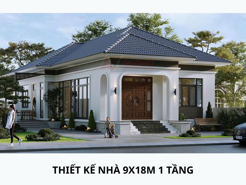 Nhà 1 tầng mái Nhật màu xanh