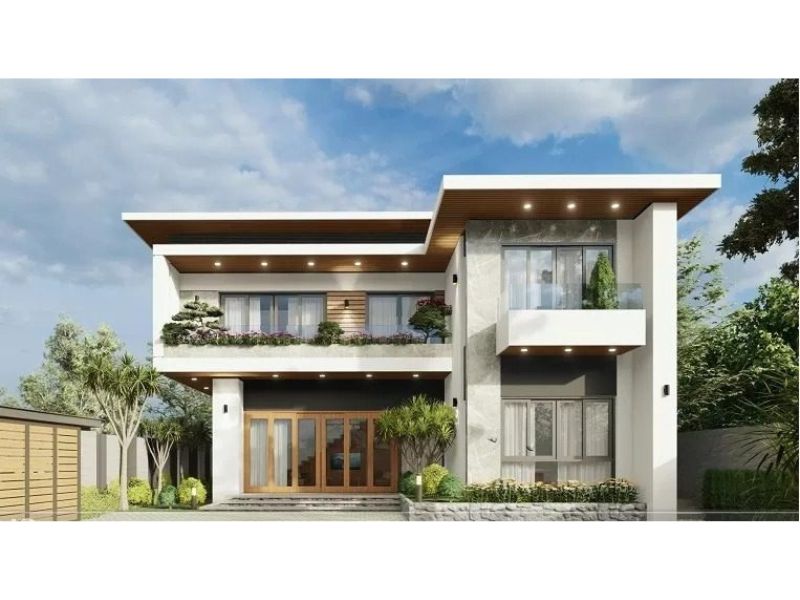 Nhà biệt thự 2 tầng mái bằng màu trắng