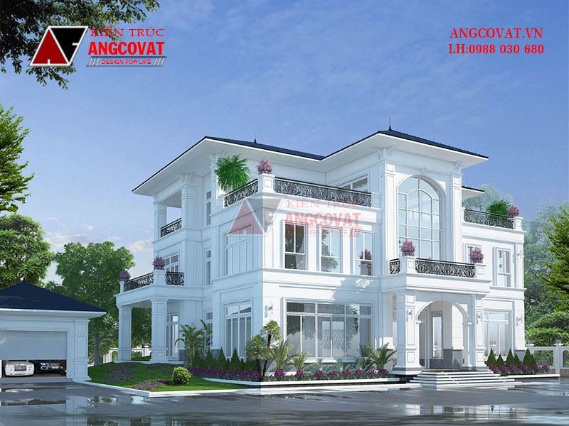 Nhà biệt thự 2 tầng tân cổ gam màu trắng